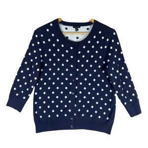 Talbots Women's Medium Navy Blue & White Polka Dot Cotton‎ Blend Cardigan Preppy